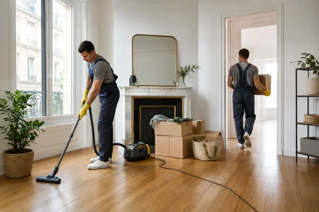 Professionnels réalisant le débarras et le nettoyage d’un appartement