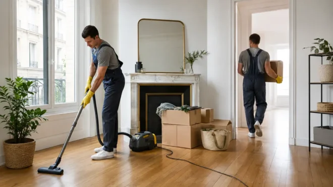 Professionnels réalisant le débarras et le nettoyage d’un appartement